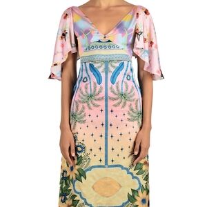 OCEANUS Camille Floral Multicolor V-Neck Dress New,